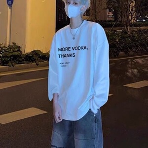 字母印花长袖T恤男秋季美式街头高街复古白色打底衫青少年上衣服