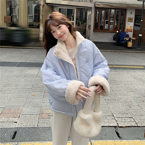 A576-P118 两面穿羊羔绒棉服美式复古条纹宽松加厚外套图片