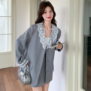 高级感炸街小西装套装裙女春天2025新款蕾丝拼接西服百褶裙两件套图片