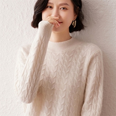 2024秋季新款长袖半高领35%绞花羊绒衫复古休闲，女装羊绒衫，雪真羊绒高端店