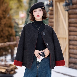 极简风撞色绒双面羊绒大衣女短款宽松显瘦气质一粒扣毛呢外套图片