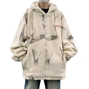 美式ins扎染羊羔绒棉服男加厚保暖棉衣冬季潮牌宽松连帽棉袄外套图片