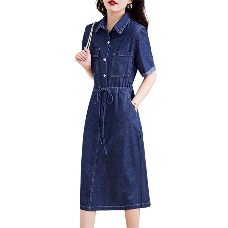 对白法式牛仔连衣裙女2024年夏季新款气质通勤设计感收腰牛仔裙子,女装连衣裙,天丽