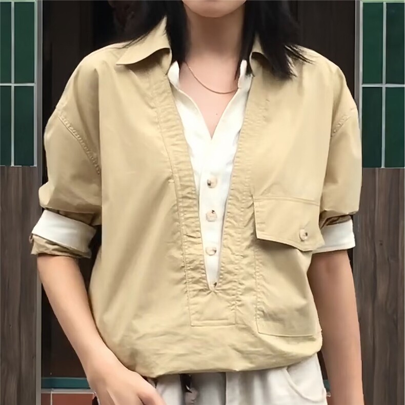 老钱风假两件V领衬衫男女春秋慵懒风设计感宽松穿搭拼接工装外套,男装衬衫,星座302B