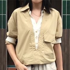 老钱风假两件V领衬衫男女春秋慵懒风设计感宽松穿搭拼接工装外套，男装衬衫，星座302B