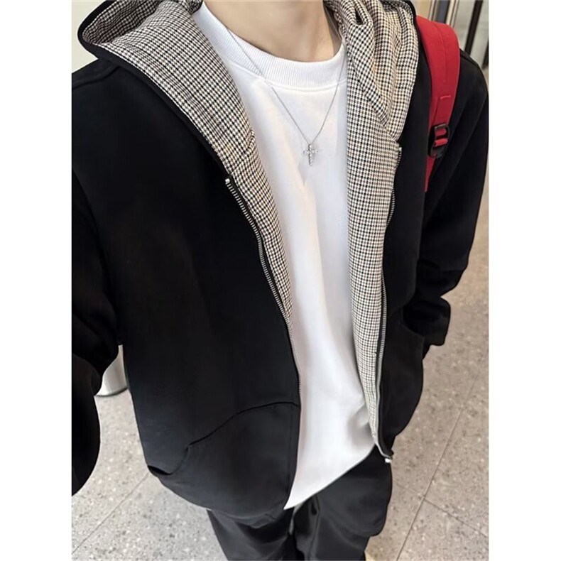 双面穿千鸟格外套女春秋cleanfit情侣宽松开衫连帽卫衣男WYT10，女装短外套，星座1116A（原606A-3）