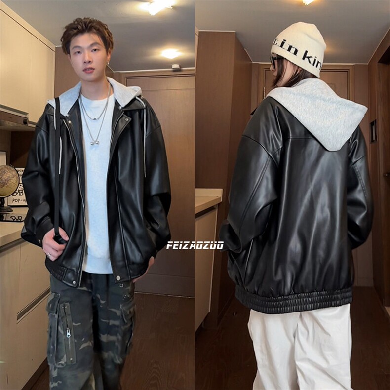 秋季皮夹克QM2639-TP6598青少年男女同款宽松帽子可拆卸,男装夹克,电商A102