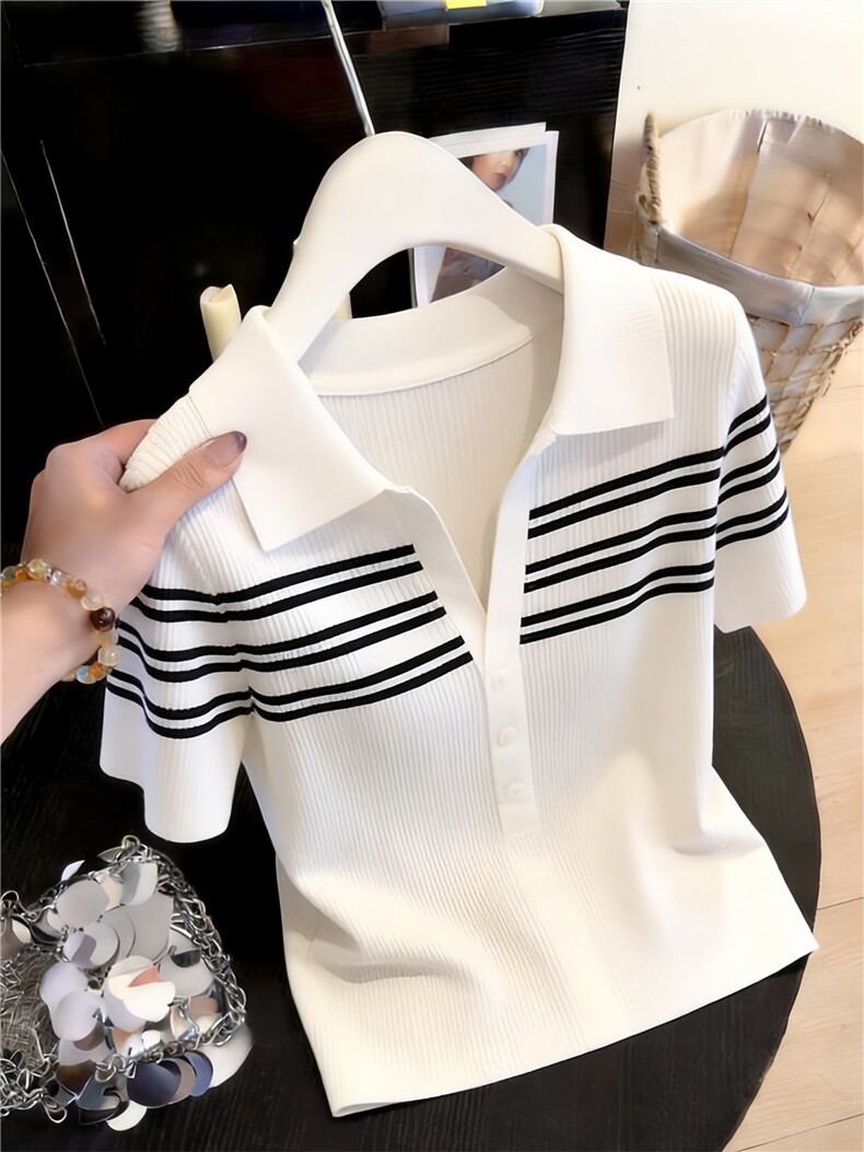 条纹撞色polo针织短袖t恤女夏季设计感弹力短款上衣,商品下架区,乐蒂丝