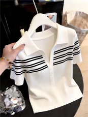 条纹撞色polo针织短袖t恤女夏季设计感弹力短款上衣，商品下架区，乐蒂丝