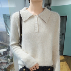 2025秋冬百搭时尚简约针织衫polo领针织衫，女装针织衫/毛衣，冬贝尔貂绒