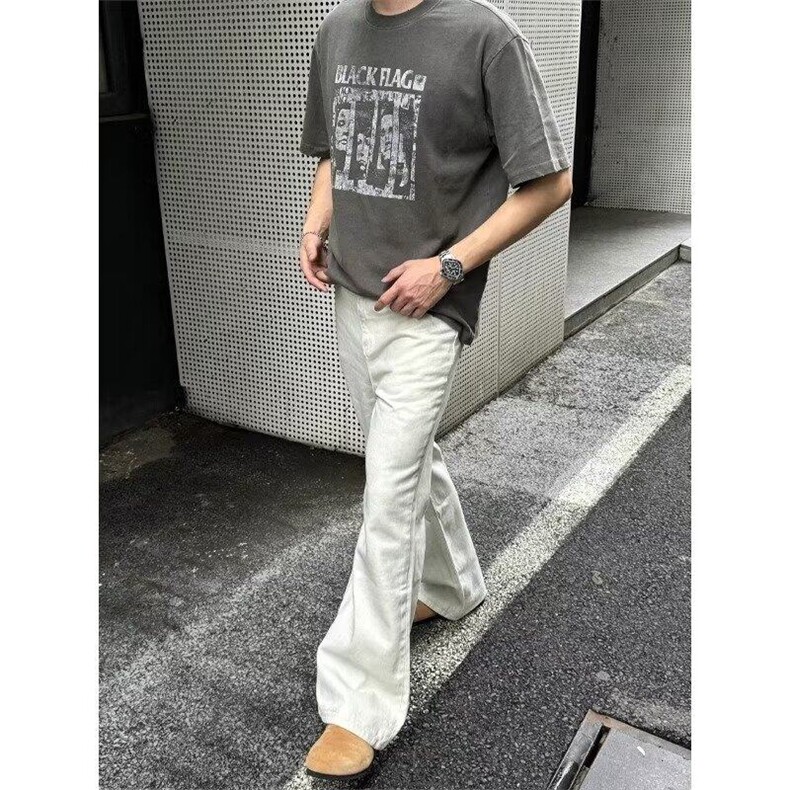 慵懒风冬加厚白色牛仔裤男美式高街阔腿裤子男休闲cleanfit微喇裤,男装牛仔裤,星座506A