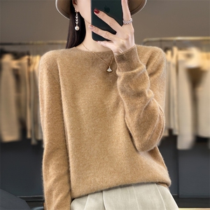 奢华质感澳洲羊毛衫女圆领一线成衣套头打底毛衣针织衫外搭图片