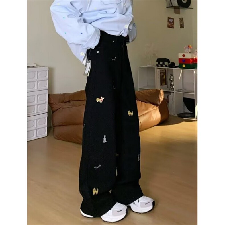 复古小狗刺绣阔腿牛仔裤女春秋新款设计感高街显瘦拖地裤N838,男装牛仔裤,星座1116A（原606A-3）