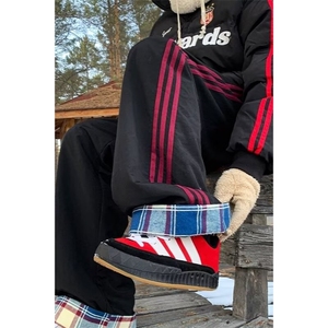 条纹阔腿裤女秋冬高腰垂感宽松直筒休闲加厚休闲裤加绒灰色运动裤图片
