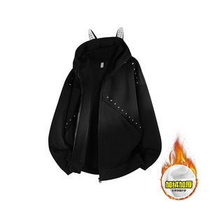 480G重磅加绒硬挺boxy男女美式高街卫衣铆钉杜宾犬耳朵开衫厚外套图片