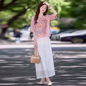 休闲印花棉麻套装女2025夏季新款宽松遮肉显瘦坠感阔腿裤两件套潮图片