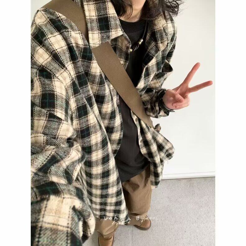 美式复古街头口袋刺绣设计感格子男女宽松下摆毛边格子长袖衬衫潮,男装衬衫,星座506A