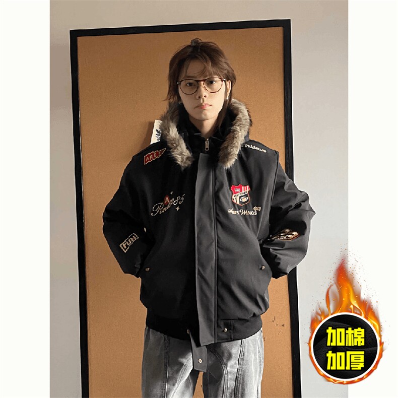 现货高品质美式高街重磅刺绣座山雕大毛毛领棉衣男女加厚棉服外套图片