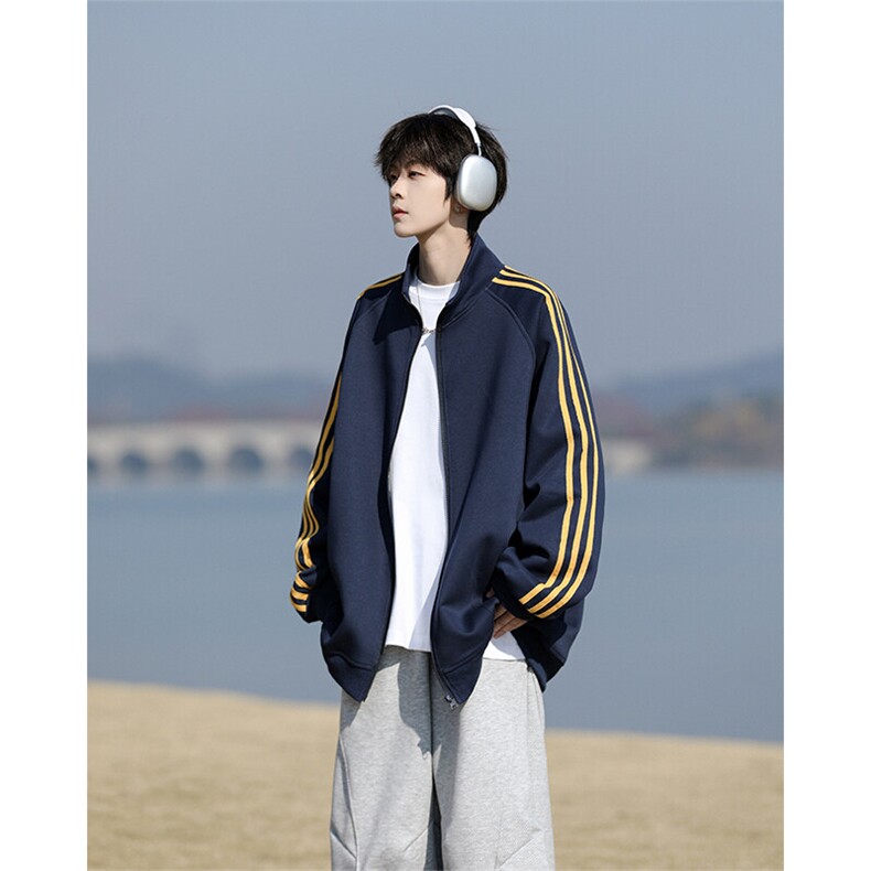 8XL-M三条杠运动卫衣特大码美式条纹立领夹克开衫外套JK5205/P65,男装夹克,电商B238