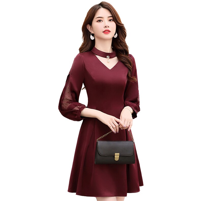 时尚网纱妩媚拼接中长款连衣裙2021年春季V领,女装连衣裙,阿菲诺依