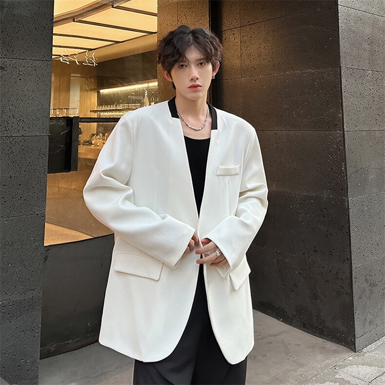 秋装简约风单排撞色无领潮男休闲小西装A071-L12-P98，男装西服，电商A071