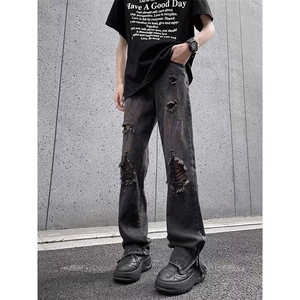 扎染涂鸦微喇破洞牛仔裤美式街头hiphop裤子ins潮欧美高街直筒裤图片