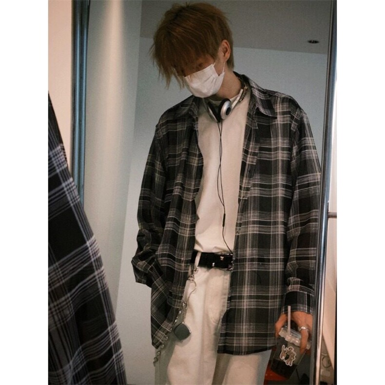 现货ityboy黑色长袖格子衬衫男春秋日系复古青少年25新款,男装衬衫,星座218-1（原230）