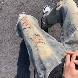 破洞~新款潮流百搭小直筒美式街头高街破洞复古蓝宽松男式牛仔裤图片