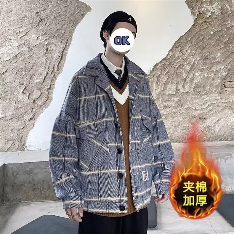 秋冬款加厚呢大衣格子毛呢外套男潮牌痞帅宽松休闲夹棉夹克,男装夹克,星座410-6（原星座1304-1）