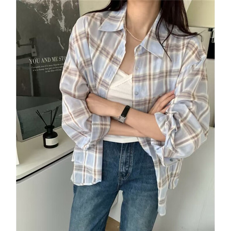 实价蓝色格子衬衫女2025早春外搭设计感小众时尚外穿衬衣夏季外套,男装衬衫,星座506A