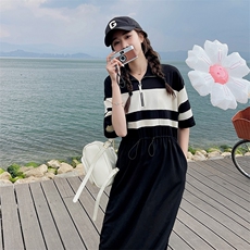 黑白拼接polo领连衣裙女2025夏季新款韩系休闲收腰显瘦直筒T恤裙，女装连衣裙，2C051