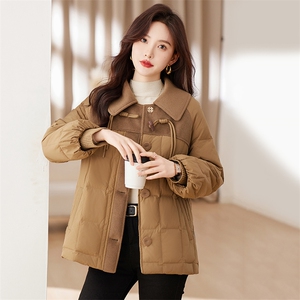 时尚牛角扣呢料拼接羽绒服中长款百搭冬装女装图片