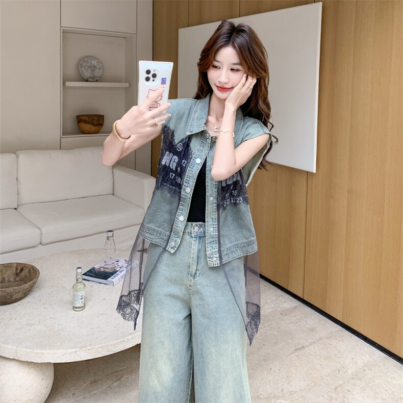 蓝色复古气质牛仔套装女2025夏新款韩版网纱拼接衬衫休闲裤两件套,女装套装/套裙,2C135