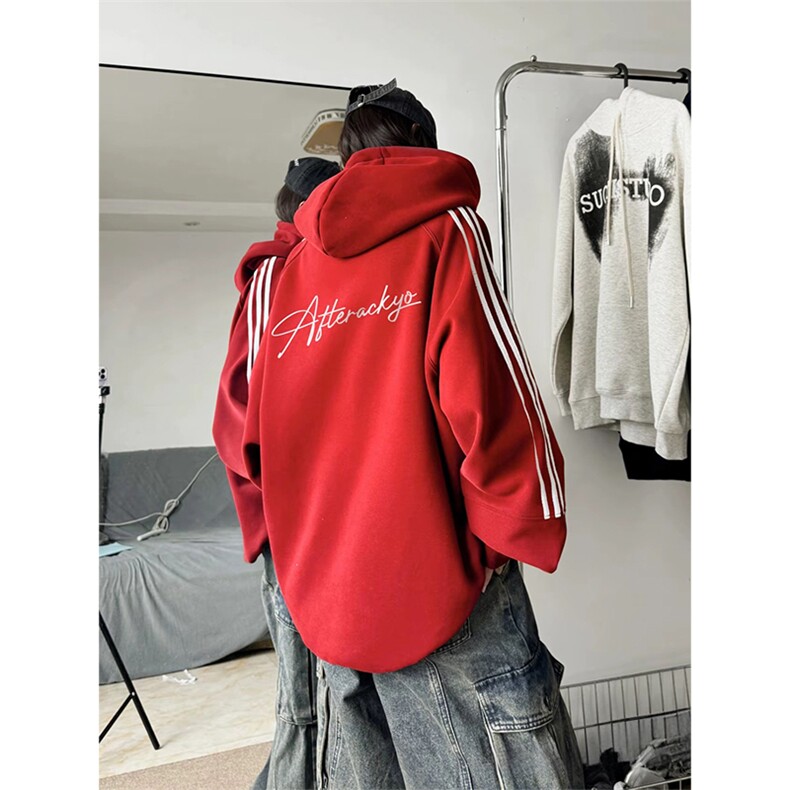 抖音得物品质480克全棉加绒织带连帽印花卫衣三条杠针织卫衣A0409,男装卫衣,电商A443