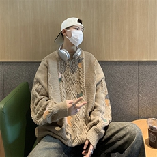 B243-P58日系复古刺绣麻花圆领毛衣男秋冬季潮牌慵懒套头针织衫，男装针织衫/毛衣，星座512-6