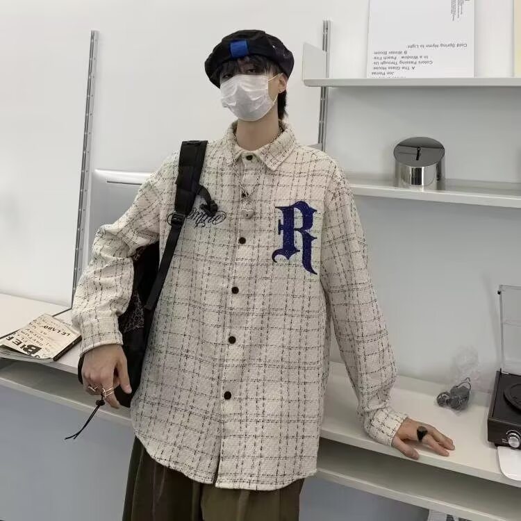 潮高街刺绣小香风格子ins长袖衬衫男女街头痞帅外套潮JK12/P52图片