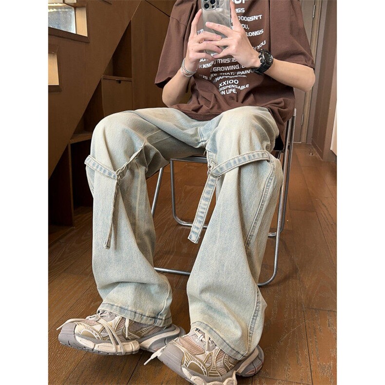 美式绑带工装牛仔裤男M-4XL直播平直P65控88,男装牛仔裤,电商B219B