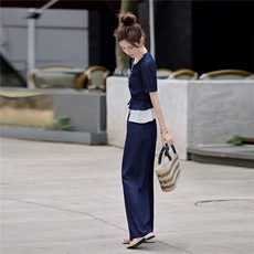 2025年夏季套头圆领短袖刺绣上衣阔腿裤藏青色套装，女装套装/套裙，微微衣阁