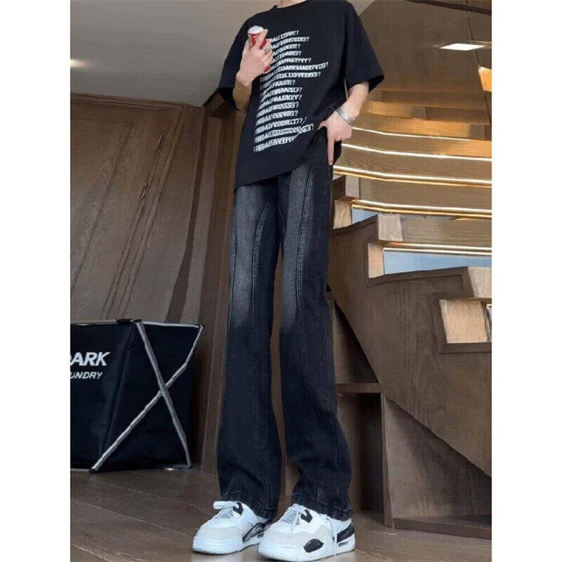 牛仔裤男春季美式高街帅气vibe风裤子直筒弯刀微喇长裤LN804-P48,男装牛仔裤,星座1008