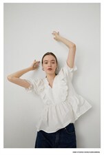 荷叶边V领白衬衫，女装衬衫，喜午