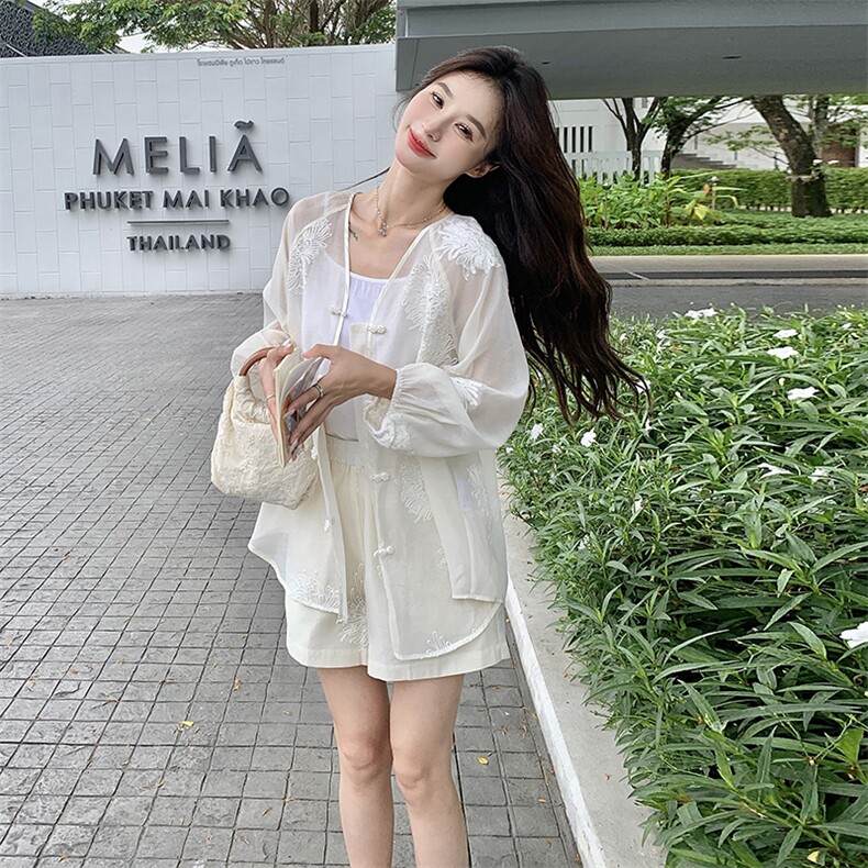 新中式国风刺绣衬衫套装女2025夏季新款防晒盘扣上衣短裤两件套潮,女装套装/套裙,2C088
