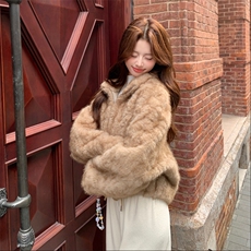 卡其色秋冬皮毛一体外套女仿水貂绒休闲上衣2C353--713#P180K268，女装短外套，2C353