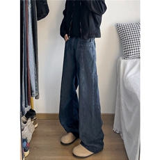 美式vibe直筒牛仔裤男女高街做旧宽松阔腿显瘦休闲裤RK2376-P67，男装休闲裤，星座412-3