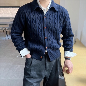秋冬款男单排扣开衫毛衣麻花POLO领针织衫宽松外套M9202 P65图片