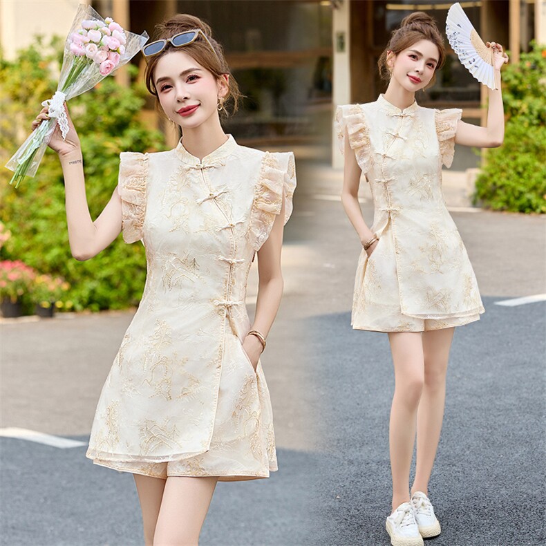 新中式国风短裤套装女夏季高级感复古刺绣改良旗袍时尚洋气两件套，女装套装/套裙，布芭啦