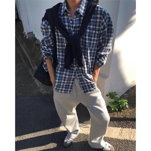 网图有货 美式复古红色格子衬衫男女宽松格纹长袖衬衣 A345-P45图片