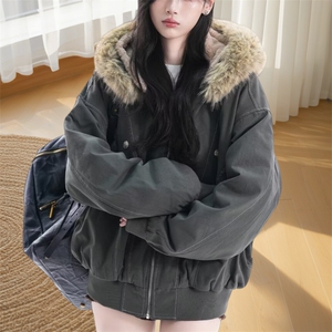 现货重磅boxy短款棉衣座山雕大毛毛领男女棉服水洗工装厚外套图片