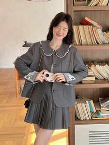灰色娃娃领西装套装裙女2025春季新款韩系学院风减龄百褶裙两件套图片