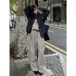 网图有货 千鸟格复古打褶排扣a字阔腿老钱休闲西裤男女 A1064-P38图片