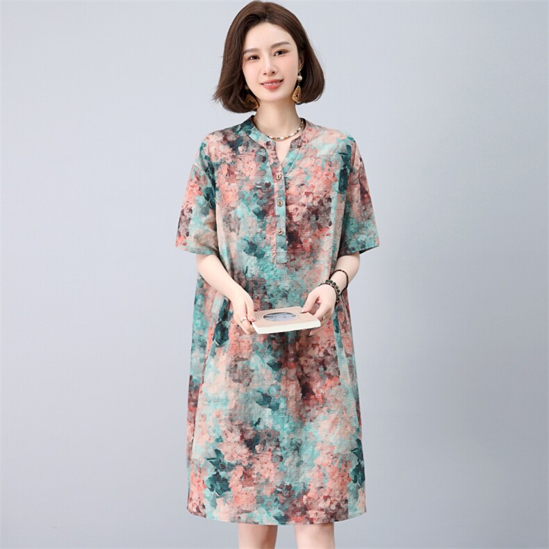 中年妈妈棉麻碎花连衣裙女夏新款宽松休闲遮肚子大码显瘦减龄裙子,女装连衣裙,独衣靓